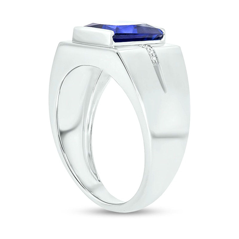 Men's 9.0mm Square-Cut Blue Lab-Created Sapphire and Diamond Accent Groove Shank Ring in Solid 10K White Gold
