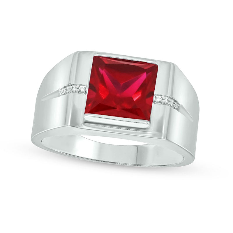 Men's 9.0mm Square-Cut Lab-Created Ruby and Diamond Accent Groove Shank Ring in Solid 10K White Gold