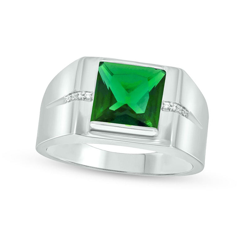 Men's 9.0mm Square-Cut Lab-Created Emerald and Diamond Accent Groove Shank Ring in Solid 10K White Gold