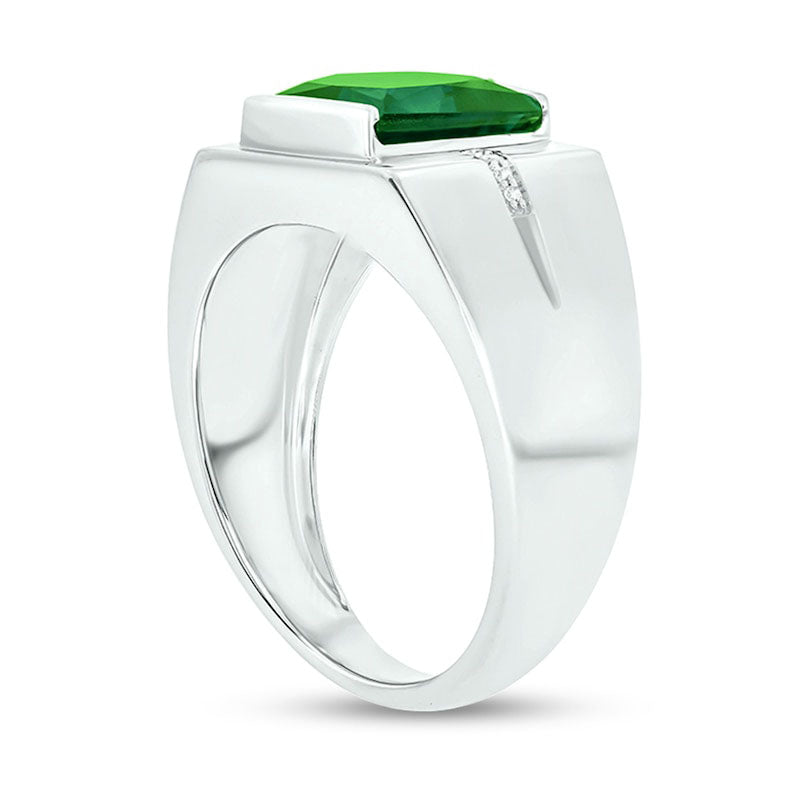 Men's 9.0mm Square-Cut Lab-Created Emerald and Diamond Accent Groove Shank Ring in Solid 10K White Gold