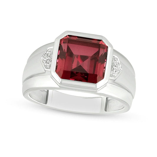 Men's 10.0mm Cushion-Cut Lab-Created Ruby and Diamond Accent Raised Collar Ring in Sterling Silver