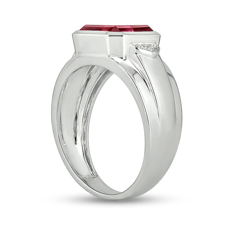 Men's 10.0mm Cushion-Cut Lab-Created Ruby and Diamond Accent Raised Collar Ring in Sterling Silver