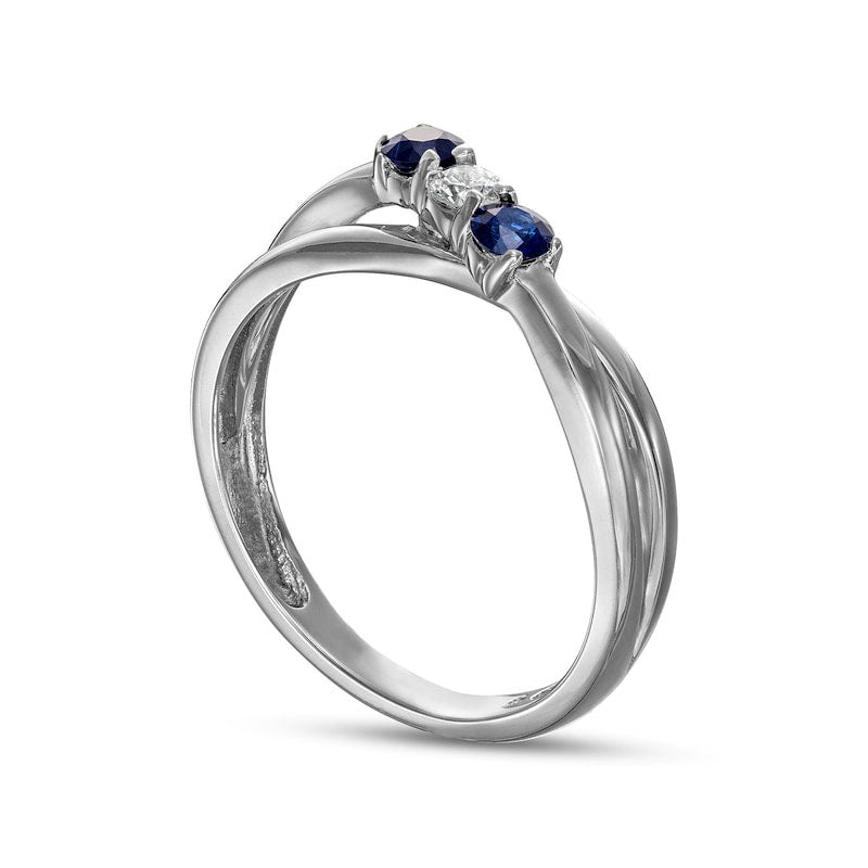 Blue Sapphire and 0.10 CT. Natural Diamond Three Stone Bypass Split Shank Ring in Solid 14K White Gold