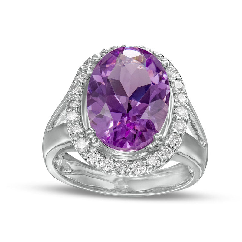 Oval Amethyst and 0.50 CT. T.W. Natural Diamond Frame Split Shank Ring in Solid 14K White Gold