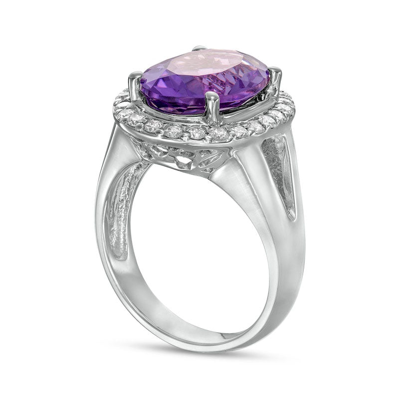 Oval Amethyst and 0.50 CT. T.W. Natural Diamond Frame Split Shank Ring in Solid 14K White Gold