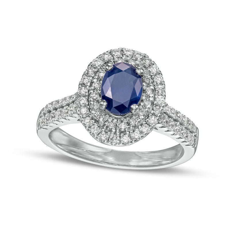 Oval Blue Sapphire and 0.50 CT. T.W. Natural Diamond Double Row Ring in Solid 14K White Gold