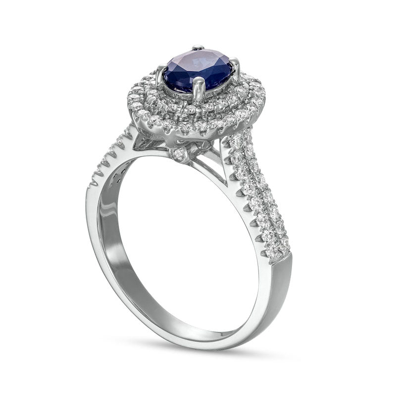 Oval Blue Sapphire and 0.50 CT. T.W. Natural Diamond Double Row Ring in Solid 14K White Gold