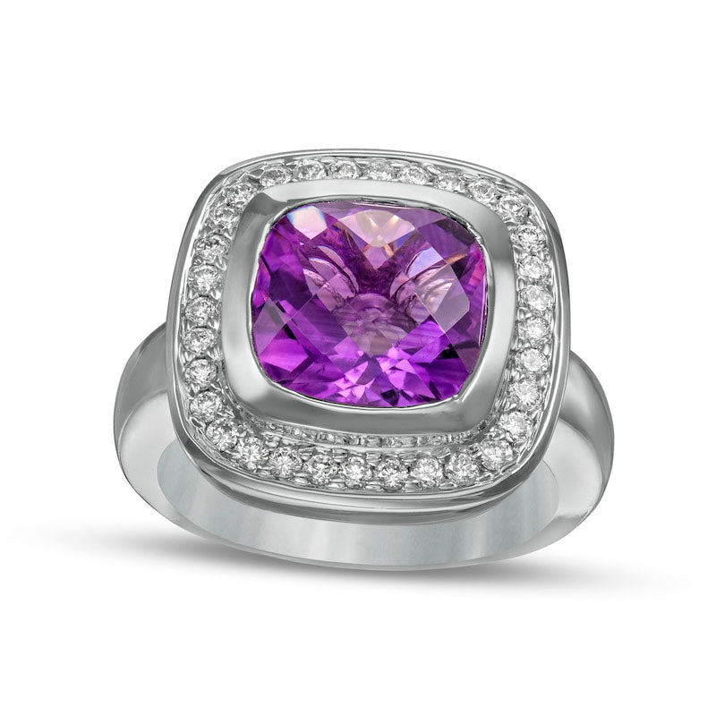 10.0mm Cushion-Cut Amethyst and 0.38 CT. T.W. Natural Diamond Frame Ring in Solid 14K White Gold