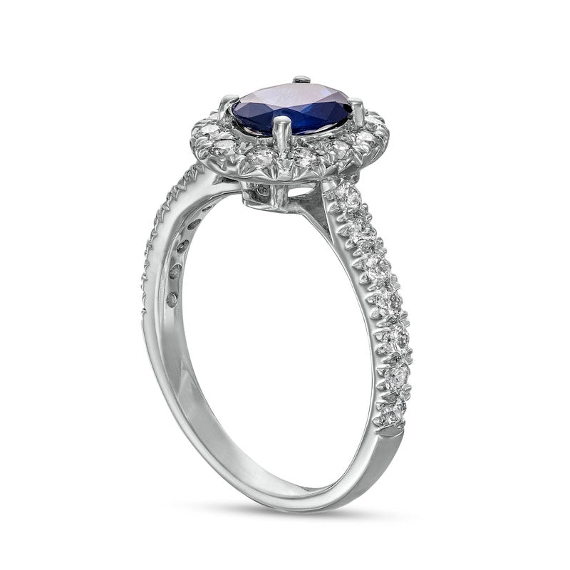Oval Blue Sapphire and 0.63 CT. T.W. Natural Diamond Frame Ring in Solid 14K White Gold