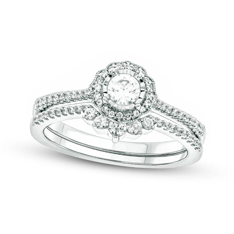 0.50 CT. T.W. Natural Diamond Frame Antique Vintage-Style Flower Bridal Engagement Ring Set in Solid 10K White Gold (I/I2)