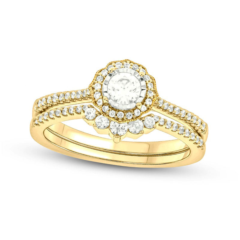 0.50 CT. T.W. Natural Diamond Frame Antique Vintage-Style Flower Bridal Engagement Ring Set in Solid 10K Yellow Gold (I/I2)