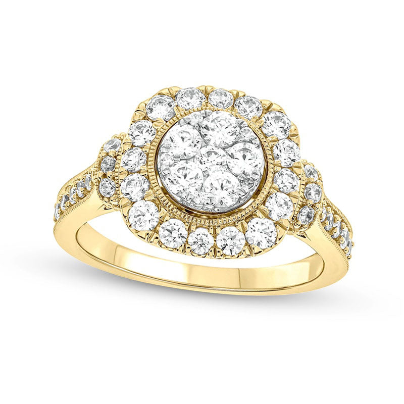 1.25 CT. T.W. Composite Cushion-Shaped Natural Diamond Frame Antique Vintage-Style Engagement Ring in Solid 10K Yellow Gold