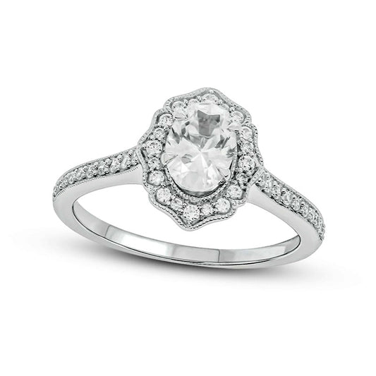 0.75 CT. T.W. Oval Natural Diamond Flower Frame Antique Vintage-Style Engagement Ring in Solid 14K White Gold (I/I2)