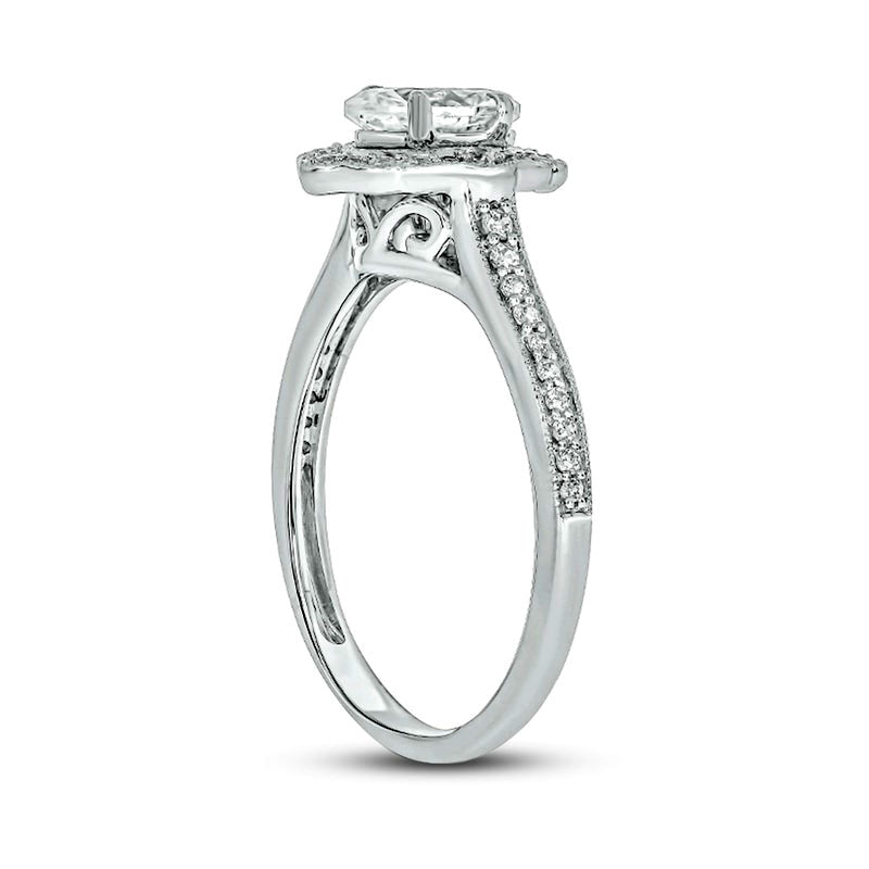 0.75 CT. T.W. Oval Natural Diamond Flower Frame Antique Vintage-Style Engagement Ring in Solid 14K White Gold (I/I2)