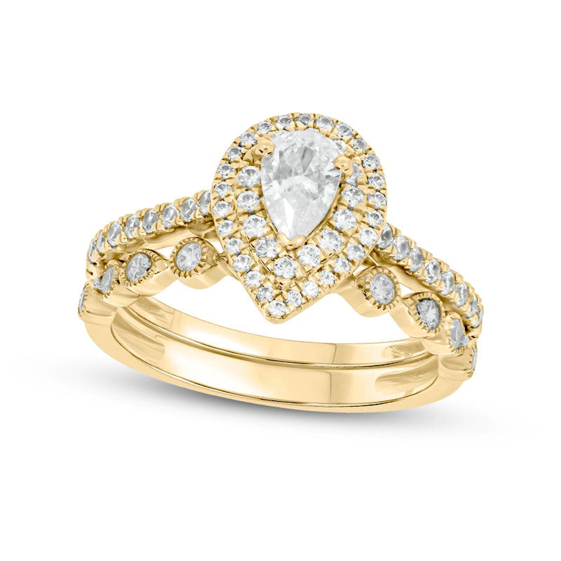 1.0 CT. T.W. Pear-Shaped Natural Diamond Double Frame Antique Vintage-Style Bridal Engagement Ring Set in Solid 10K Yellow Gold (I/I2)