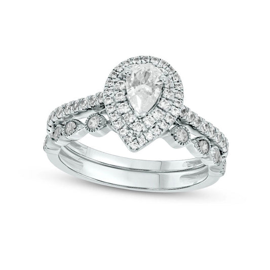 1.0 CT. T.W. Pear-Shaped Natural Diamond Double Frame Antique Vintage-Style Bridal Engagement Ring Set in Solid 10K White Gold (I/I2)