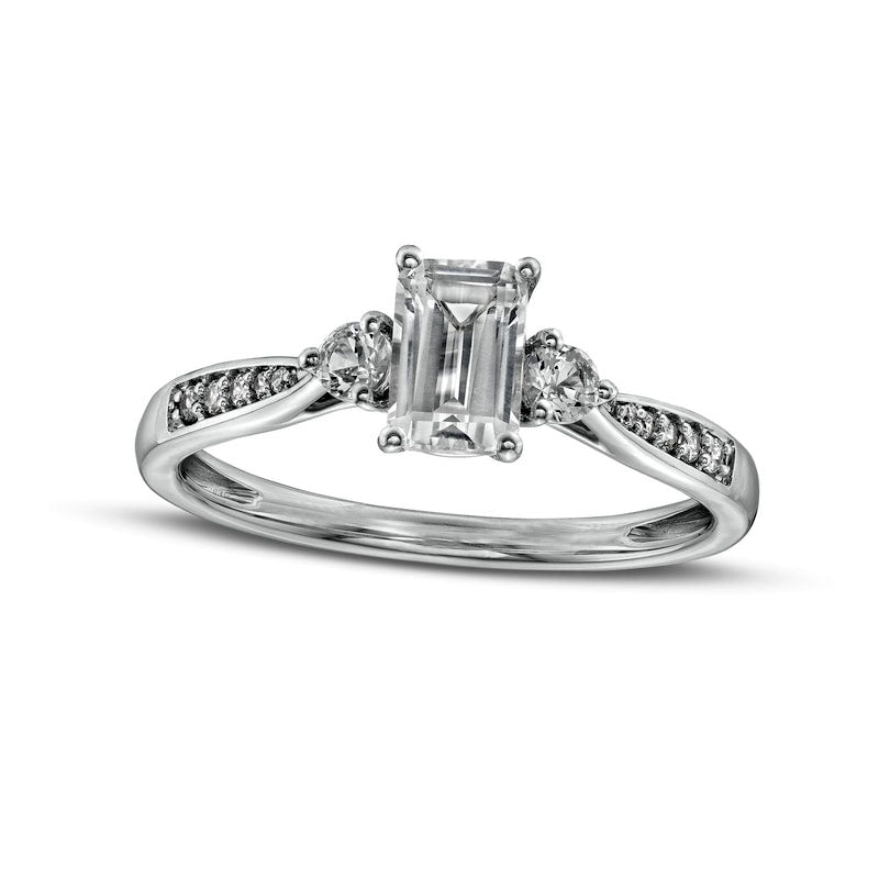 Emerald-Cut White Lab-Created Sapphire and 0.05 CT. T.W. Diamond Three Stone Promise Ring in Sterling Silver
