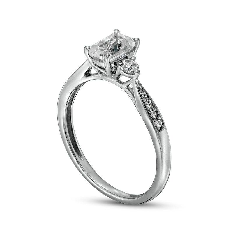 Emerald-Cut White Lab-Created Sapphire and 0.05 CT. T.W. Diamond Three Stone Promise Ring in Sterling Silver