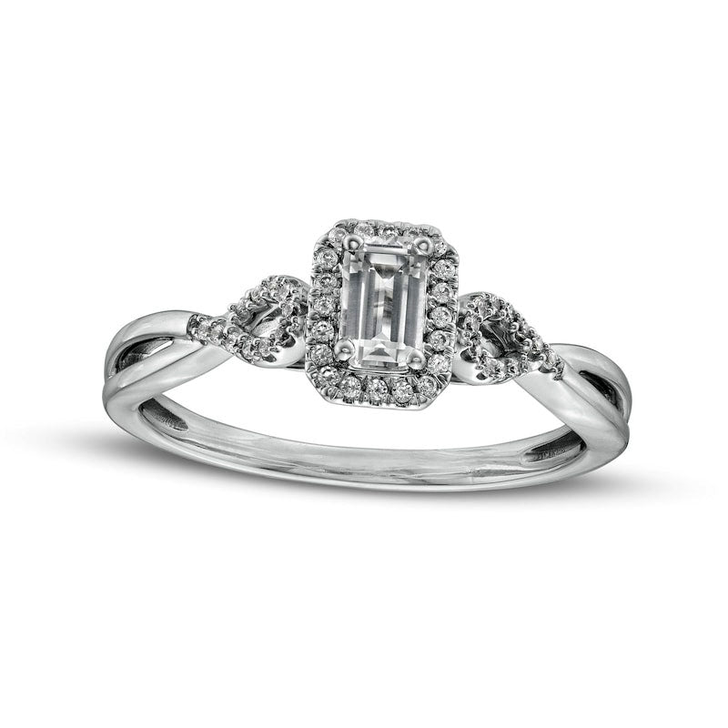 Emerald-Cut White Lab-Created Sapphire and 0.10 CT. T.W. Diamond Frame Twist Shank Ring in Sterling Silver