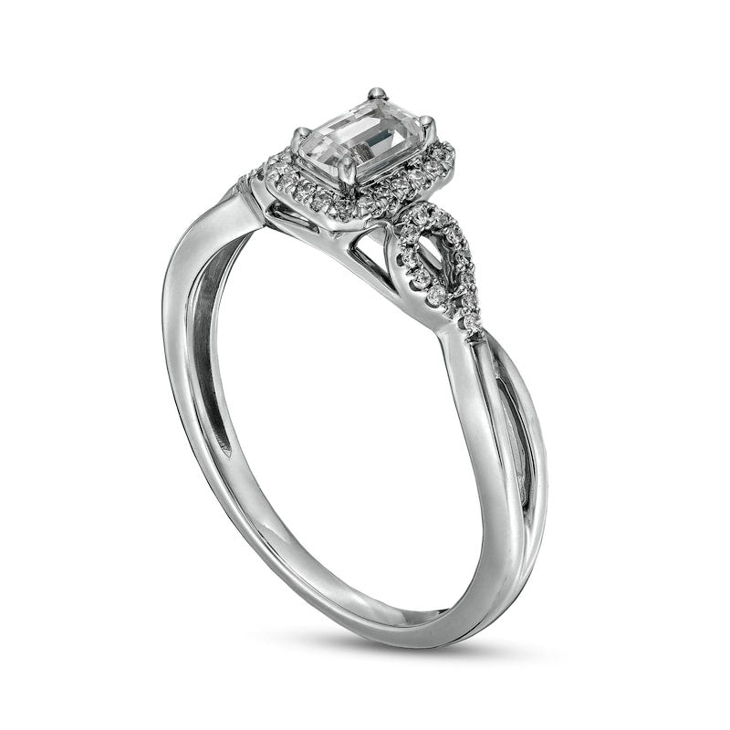 Emerald-Cut White Lab-Created Sapphire and 0.10 CT. T.W. Diamond Frame Twist Shank Ring in Sterling Silver