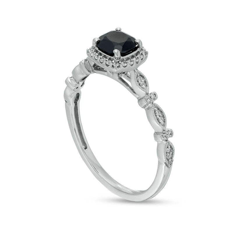Cushion-Cut Black Sapphire and 0.10 CT. T.W. Natural Diamond Frame Art Deco Antique Vintage-Style Engagement Ring in Solid 10K White Gold