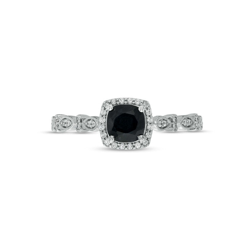Cushion-Cut Black Sapphire and 0.10 CT. T.W. Natural Diamond Frame Art Deco Antique Vintage-Style Engagement Ring in Solid 10K White Gold