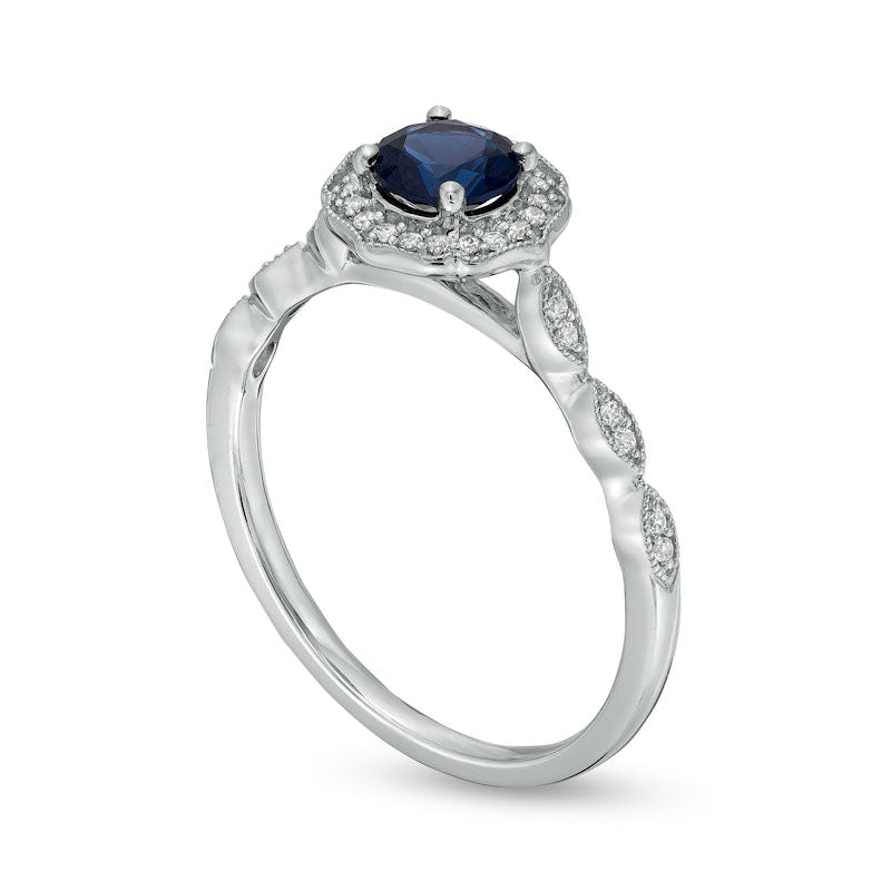5.0mm Blue Lab-Created Sapphire and 0.10 CT. T.W. Diamond Quatrefoil Frame Art Deco Engagement Ring in Sterling Silver