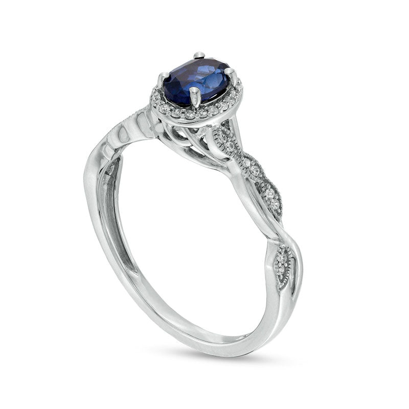 Oval Blue Lab-Created Sapphire and 0.10 CT. T.W. Diamond Frame Twist Shank Engagement Ring in Sterling Silver