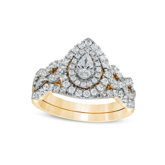 1.0 CT. T.W. Pear-Shaped Natural Diamond Double Frame Twist Shank Bridal Engagement Ring Set in Solid 14K Gold