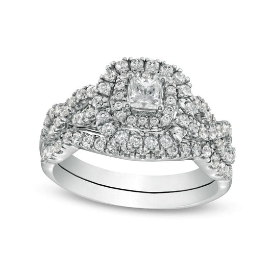 1.0 CT. T.W. Princess-Cut Natural Diamond Double Frame Twist Shank Bridal Engagement Ring Set in Solid 14K White Gold