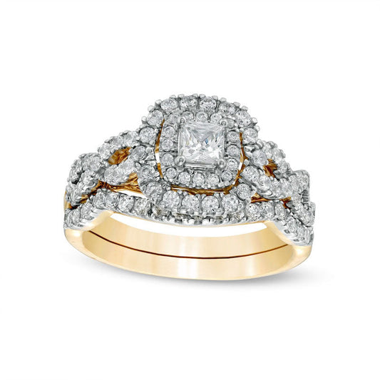 1.0 CT. T.W. Princess-Cut Natural Diamond Double Frame Twist Shank Bridal Engagement Ring Set in Solid 14K Gold