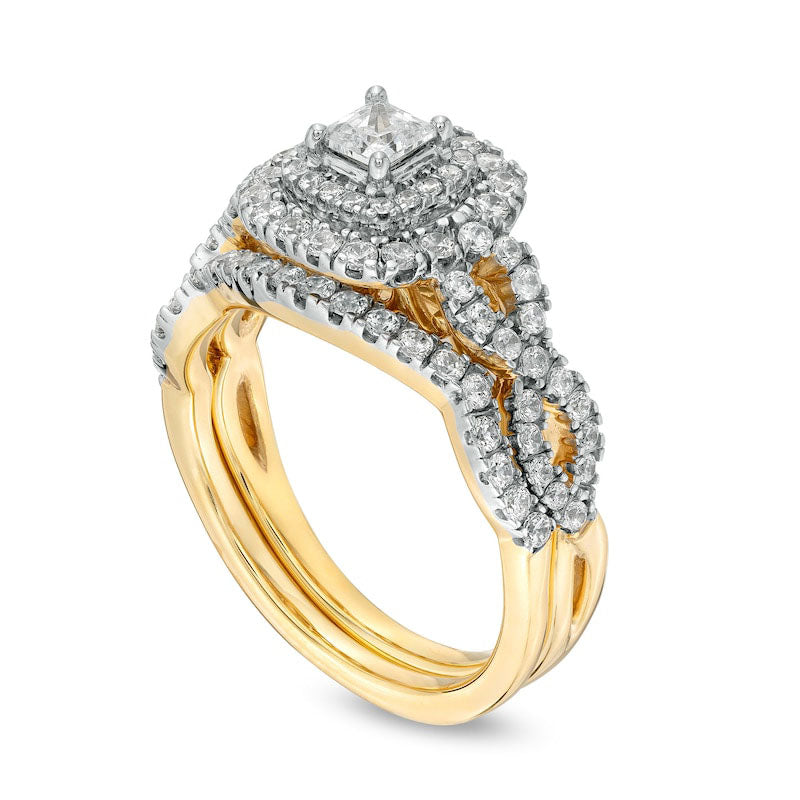 1.0 CT. T.W. Princess-Cut Natural Diamond Double Frame Twist Shank Bridal Engagement Ring Set in Solid 14K Gold