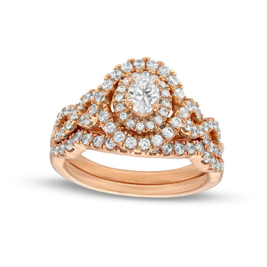 1.0 CT. T.W. Oval Natural Diamond Double Frame Twist Shank Bridal Engagement Ring Set in Solid 14K Rose Gold