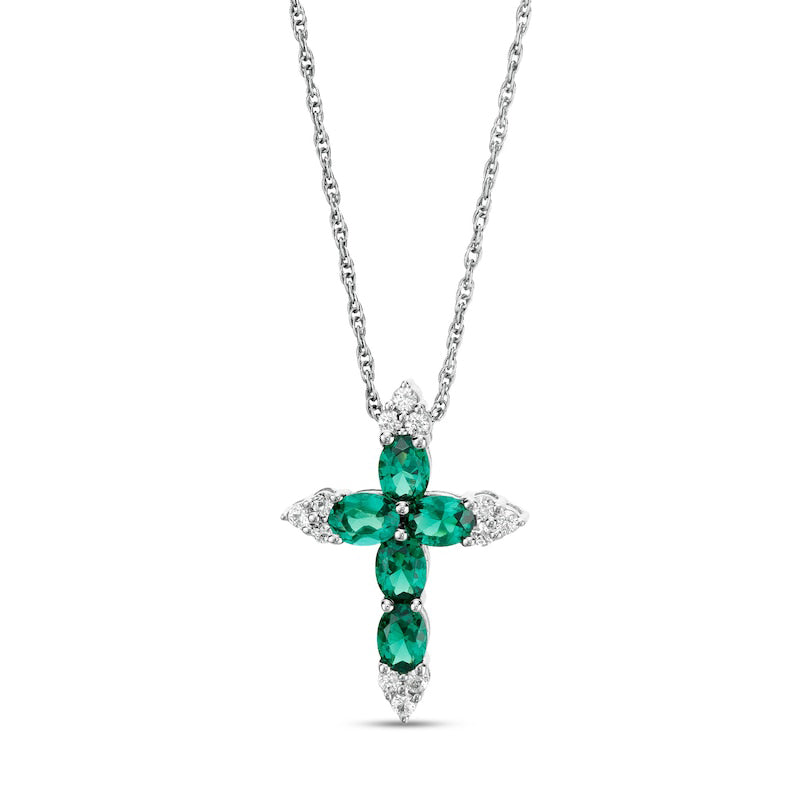 Oval Lab-Created Emerald and White Sapphire Tri-Point Cross Pendant in Sterling Silver