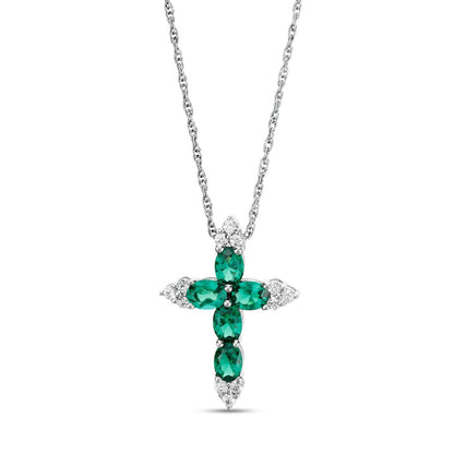 Oval Lab-Created Emerald and White Sapphire Tri-Point Cross Pendant in Sterling Silver