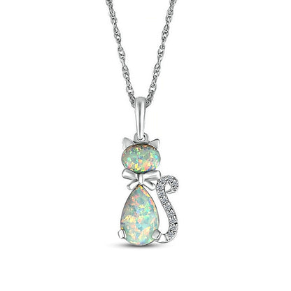Pear-Shaped and Sideways Oval Lab-Created Opal and Diamond Accent Cat Pendant in Sterling Silver