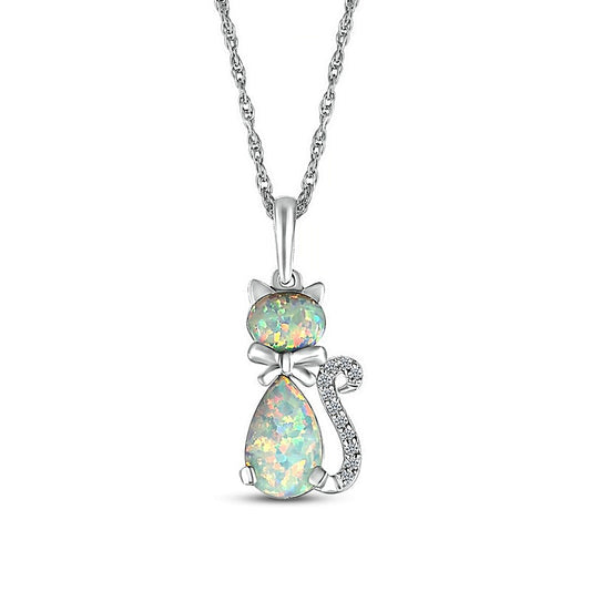 Pear-Shaped and Sideways Oval Lab-Created Opal and Diamond Accent Cat Pendant in Sterling Silver
