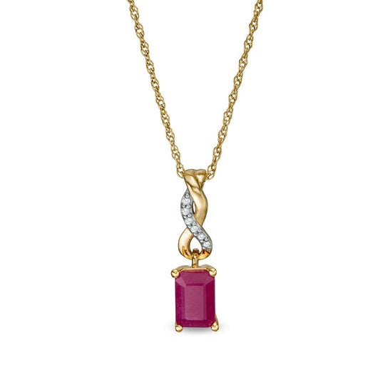 Emerald-Cut Ruby and Natural Diamond Accent Twist Drop Pendant in 14K Gold