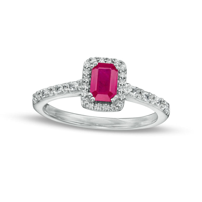 Emerald-Cut Ruby and 0.20 CT. T.W. Baguette and Round Natural Diamond Frame Alternating Shank Ring in Solid 14K White Gold