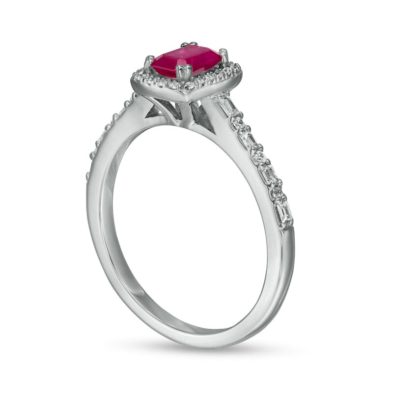 Emerald-Cut Ruby and 0.20 CT. T.W. Baguette and Round Natural Diamond Frame Alternating Shank Ring in Solid 14K White Gold