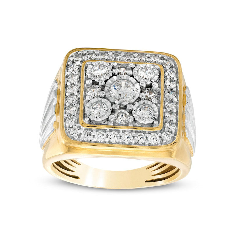 Men's 1.38 CT. T.W. Natural Diamond Square Frame Ribbed Side Accent Ring in Solid 10K Two-Tone Gold
