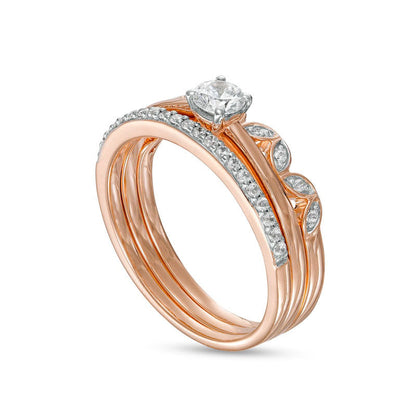 0.38 CT. T.W. Natural Diamond Alternating Leaf Three Piece Bridal Engagement Ring Set in Solid 10K Rose Gold (J/I3)