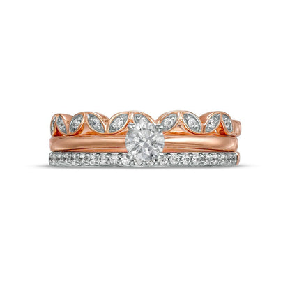 0.38 CT. T.W. Natural Diamond Alternating Leaf Three Piece Bridal Engagement Ring Set in Solid 10K Rose Gold (J/I3)