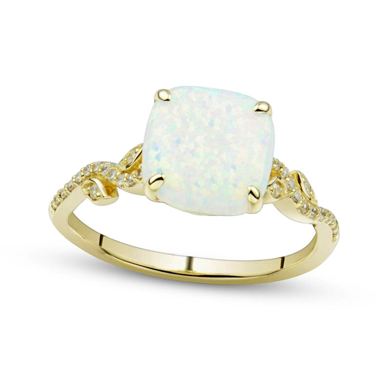 Cushion-Cut Cabochon Lab-Created Opal and 0.10 CT. T.W. Diamond Leaf-Sides Bypass Vine Shank Ring in Solid 10K Yellow Gold - Size 7