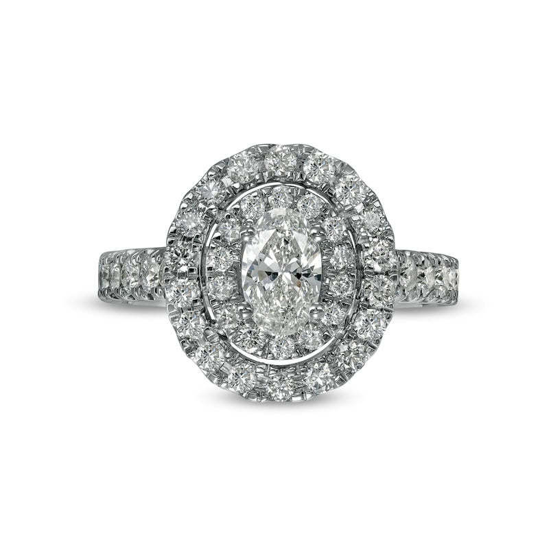 1.5 CT. T.W. Oval Natural Diamond Double Frame Engagement Ring in Solid 14K White Gold (I/SI2)