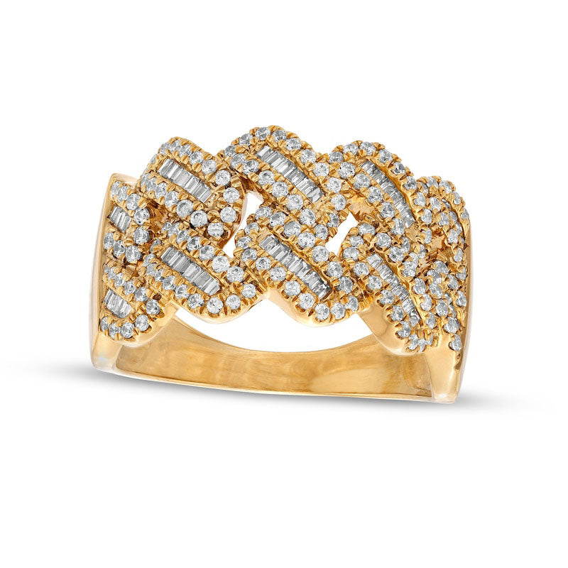 Men's 1.0 CT. T.W. Baguette and Round Natural Diamond Curb Chain Link Ring in Solid 10K Yellow Gold