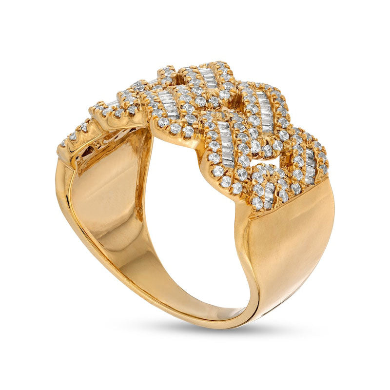 Men's 1.0 CT. T.W. Baguette and Round Natural Diamond Curb Chain Link Ring in Solid 10K Yellow Gold