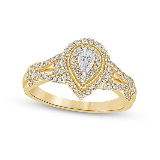 0.50 CT. T.W. Pear-Shaped Natural Diamond Frame Antique Vintage-Style Multi-Row Engagement Ring in Solid 10K Yellow Gold