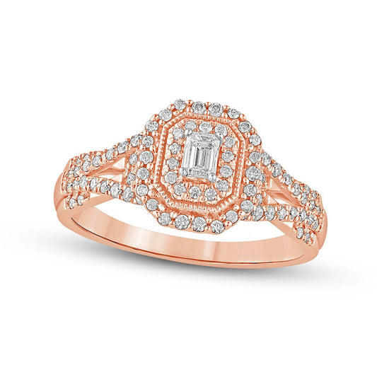 0.50 CT. T.W. Emerald-Cut Natural Diamond Frame Antique Vintage-Style Multi-Row Engagement Ring in Solid 10K Rose Gold