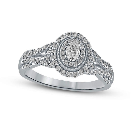 0.50 CT. T.W. Oval Natural Diamond Frame Antique Vintage-Style Multi-Row Engagement Ring in Solid 10K White Gold